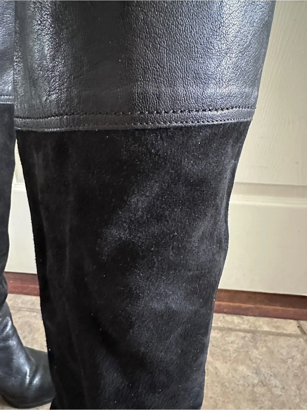 Black Genuine Leather and Suede Knee High Slouch Boots - size 37 size 7